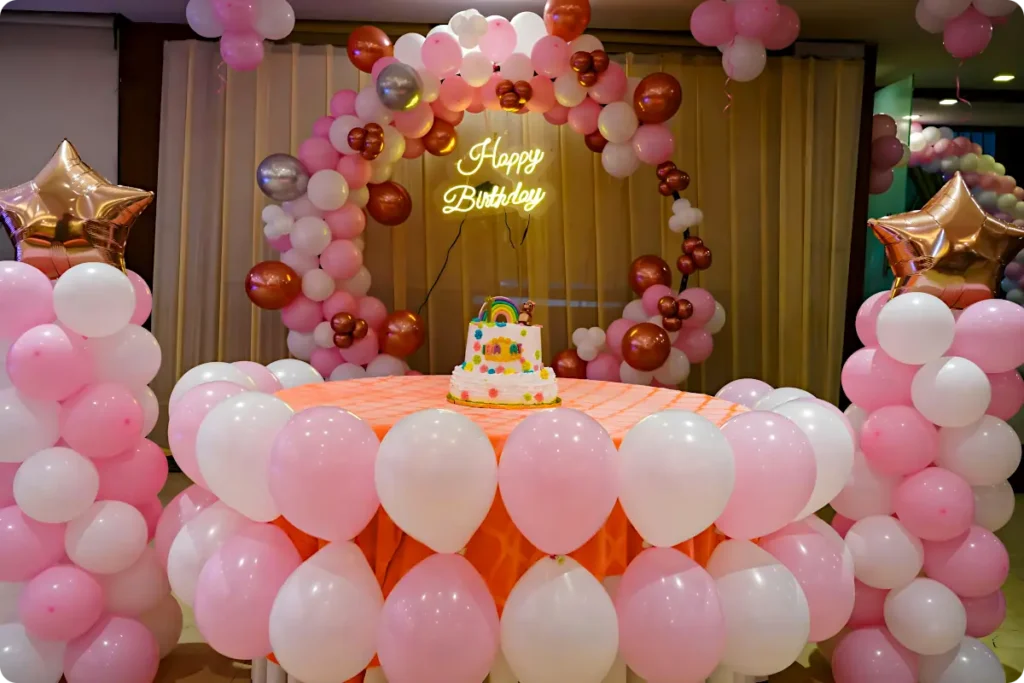 princess party balloons and cake